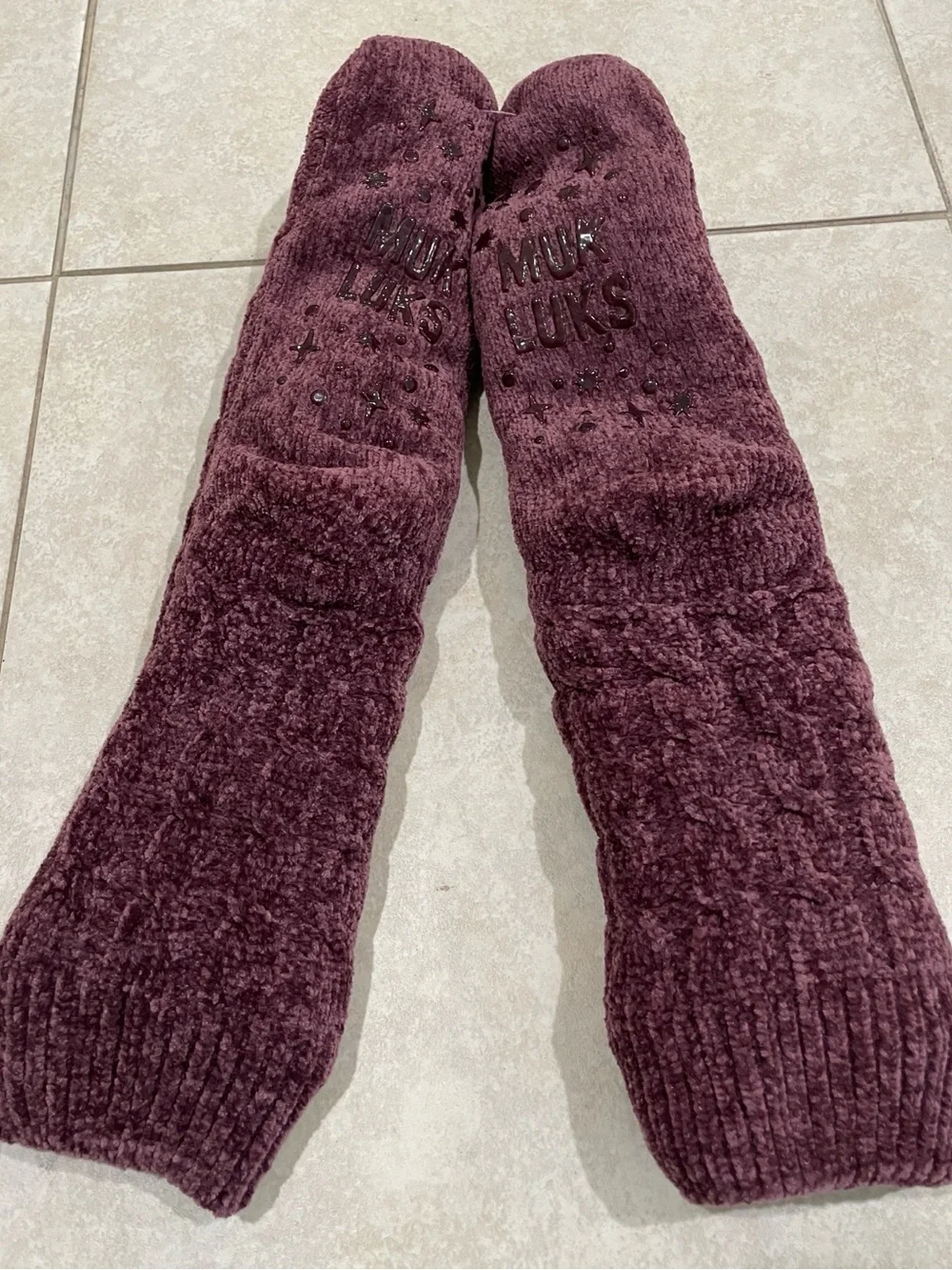 Muk Luks Deep Plum Chenille Gripper Boot Socks with Sherpa Lining